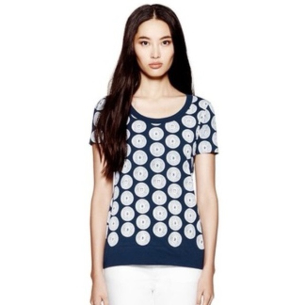 Tory Burch T Shirt Navy Pima Cotton Size S Spirograph Mushroom pattern GUC